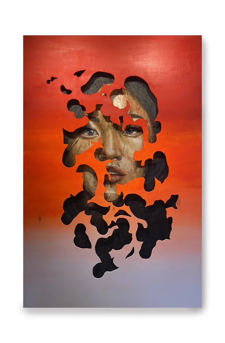 Sculptural portrait painting combining different mediums and materials by Montreal artist