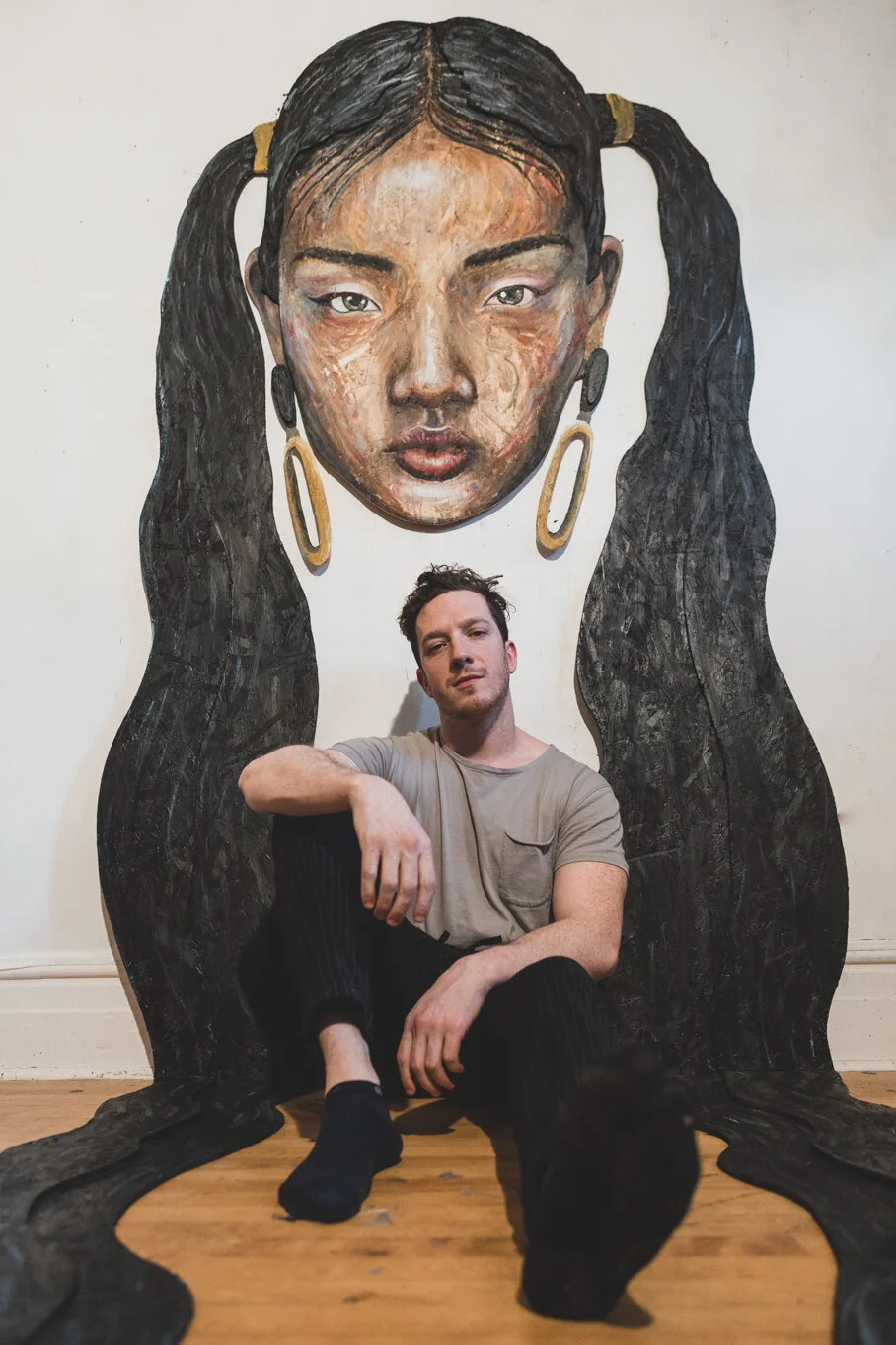 Mixed media portrait artwork celebrating human touch and traditional craftsmanship by Nick Bodoin
