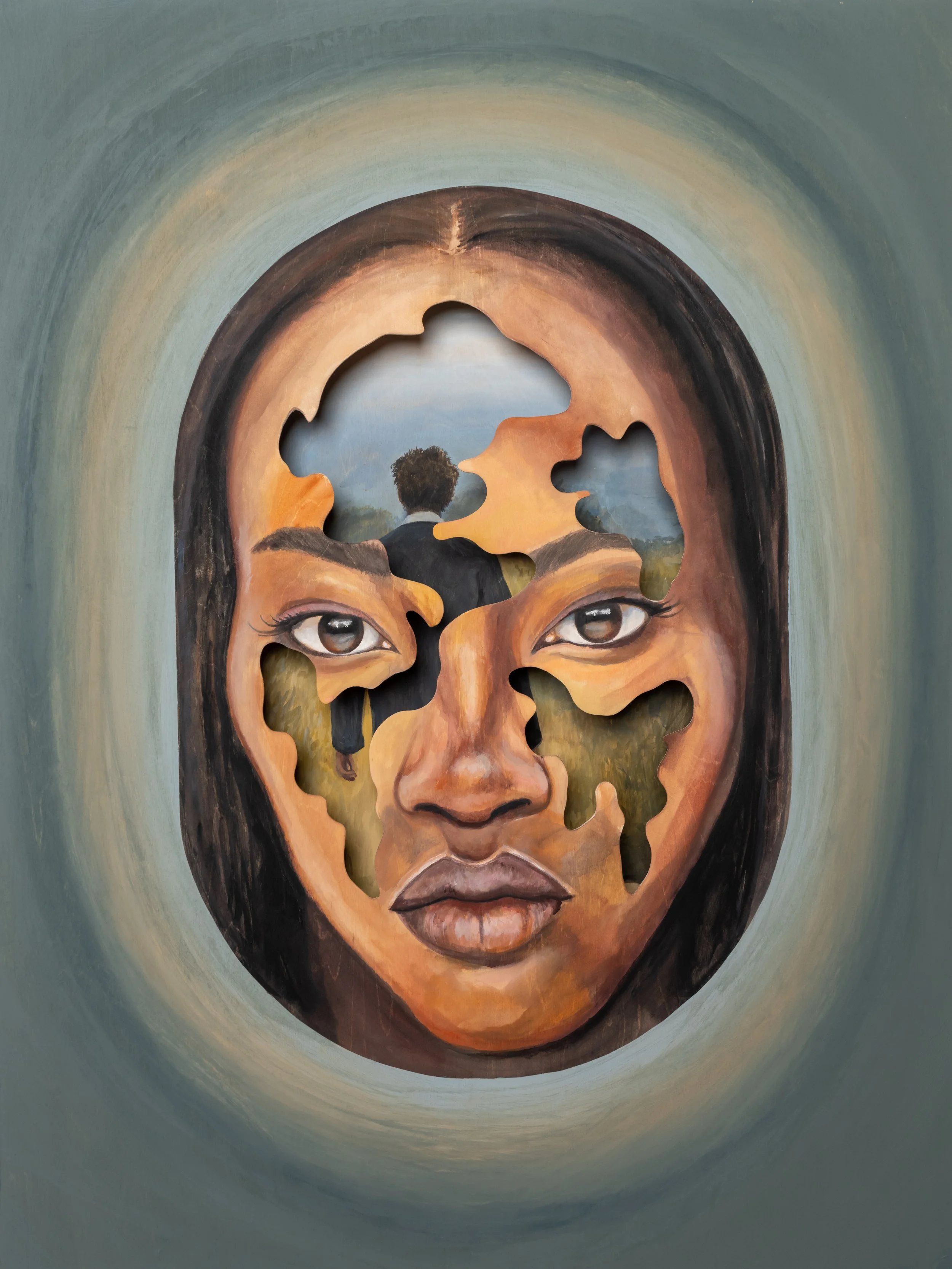 Contemporary mixed media portrait painting by Nick Bodoin - Montreal artist exploring human emotion and connection through non-conventional techniques