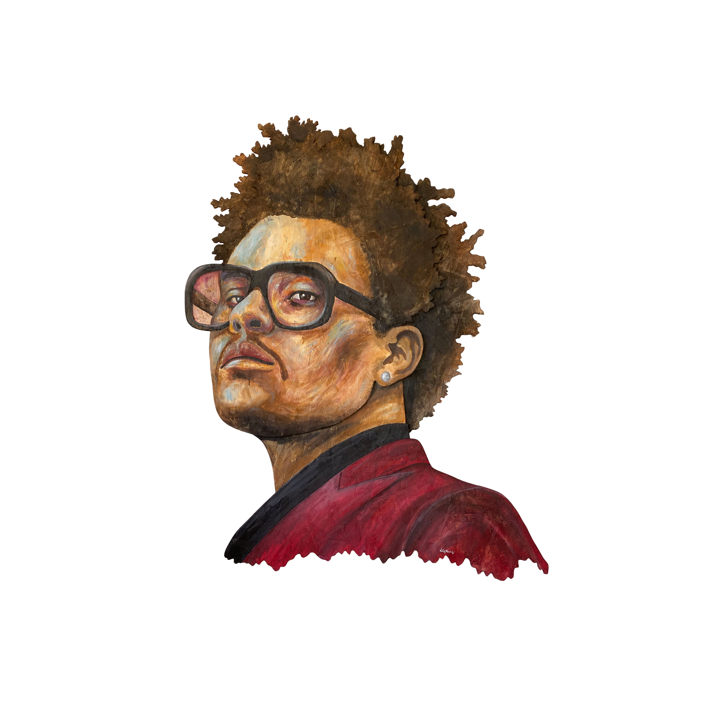 Sculptural mixed media portrait combining painting techniques with three-dimensional elements Montreal