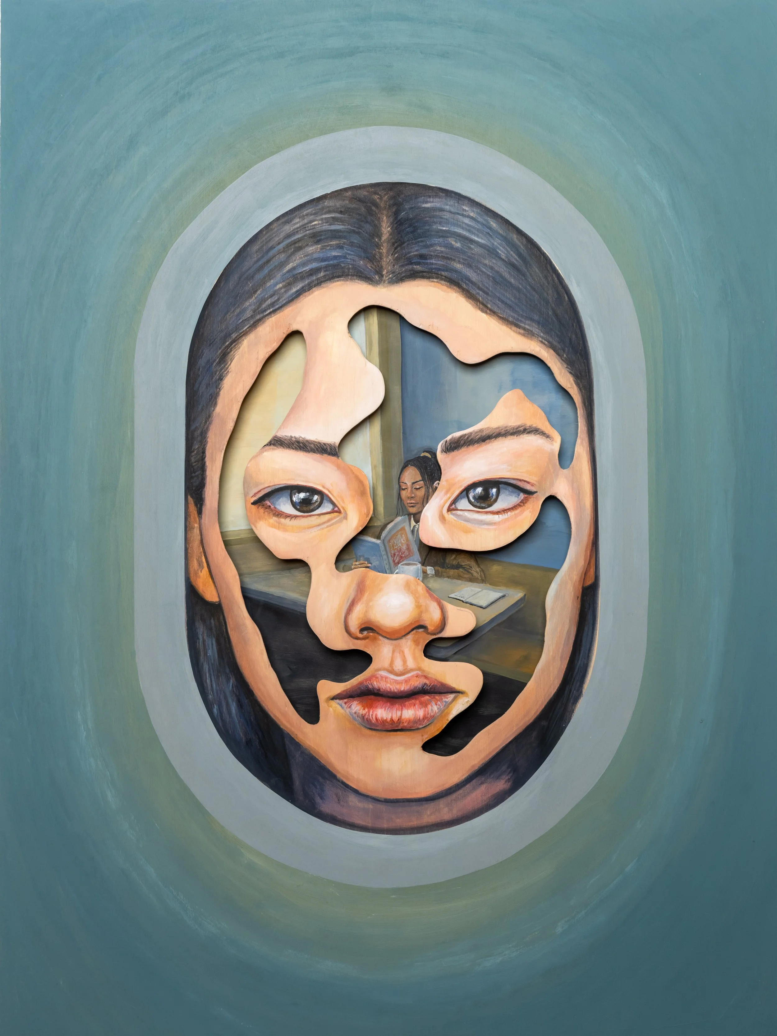 Expressive portrait artwork blending painting and sculpture techniques by Canadian contemporary artist Nick Bodoin