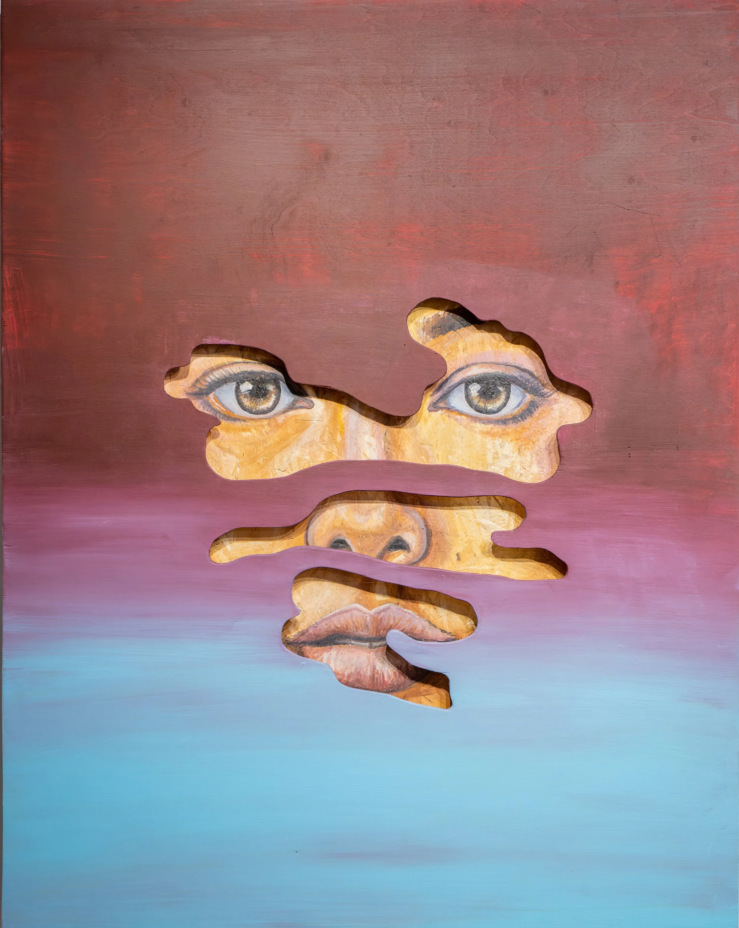 Raw textured portrait painting featuring traditional craftsmanship and mixed media materials by Montreal-based artist