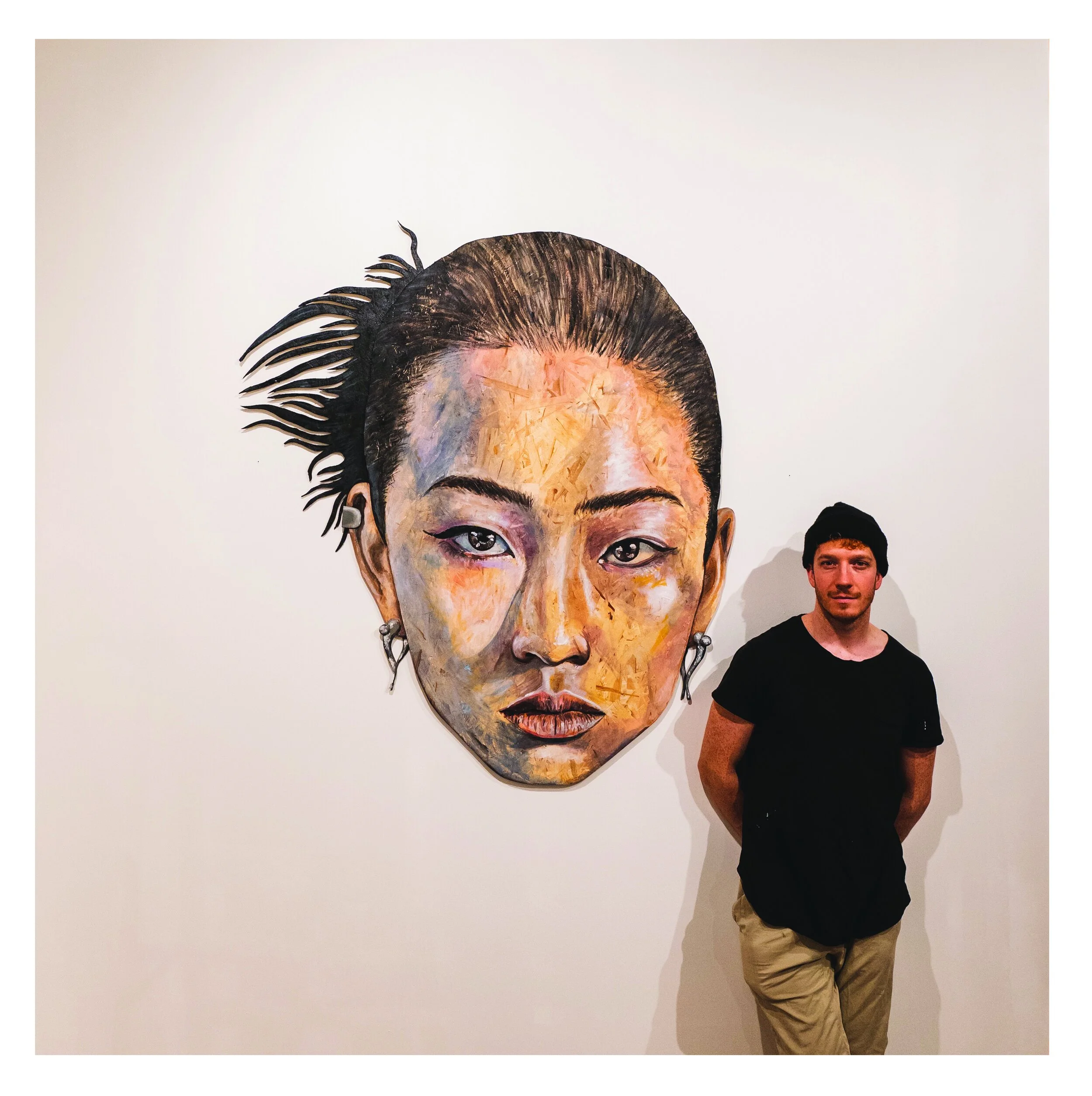 Contemporary portrait artwork examining human experience through mixed media Montreal Canada